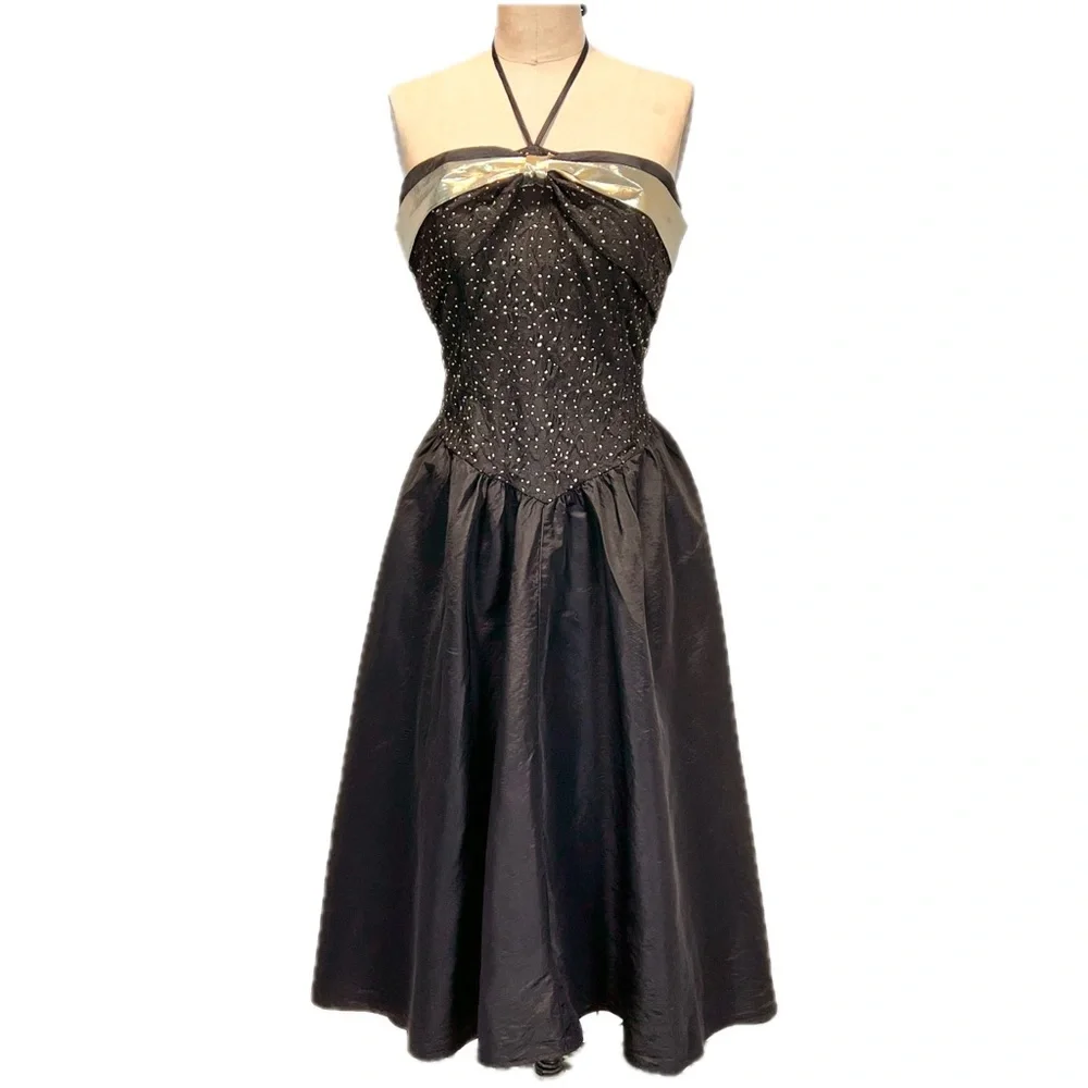 VINTAGE 80s starry night formal prom dress midi strapless halter metallic‎ gold